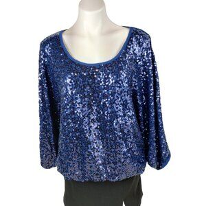 Karen Kane Womens XL Blue Sequin Scoop Neck Top with Dolman Sleeves
